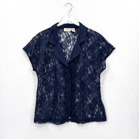 VINTAGE VICTORIAS SECRET Gold Label Lace Top Women Medium Navy Blue Short Sleeve - Picture 2 of 12